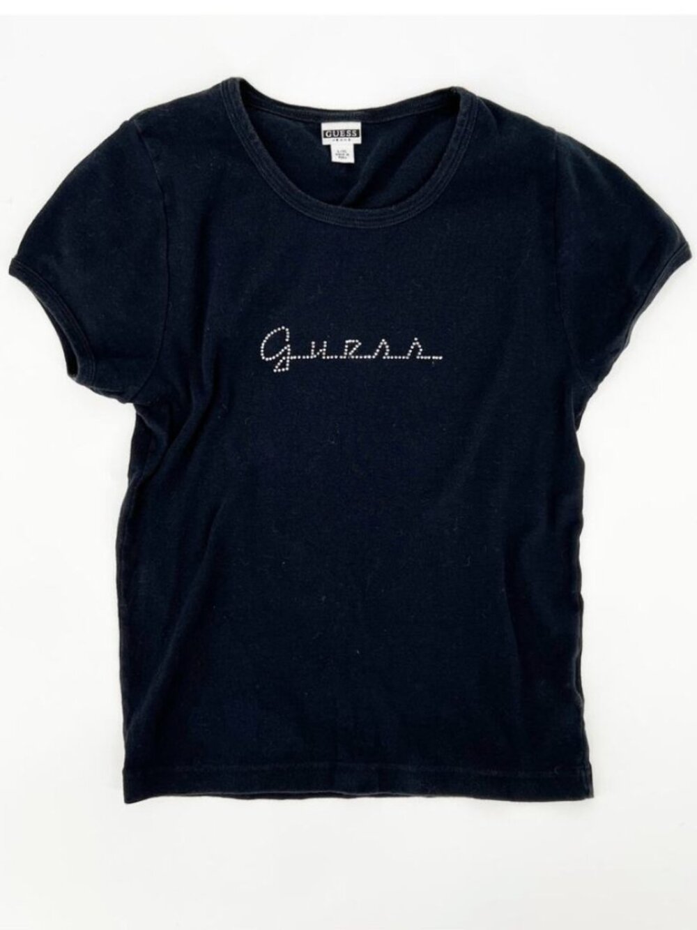 Y2k Vintage Guess Jeans Rhinestone Logo Baby Tee Black Large